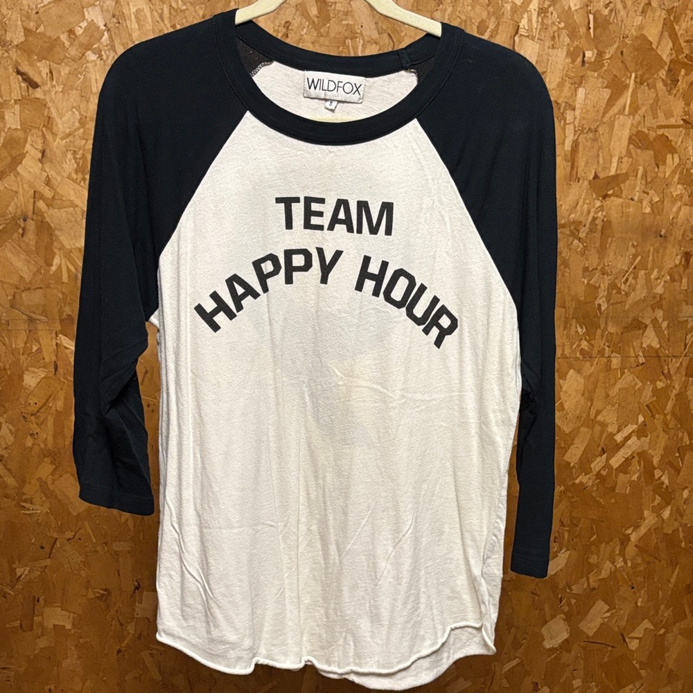Wildfox Black and White Long Sleeve Team Happy Hour Baseball Style Top